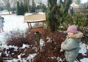 Dzieci wsypują ziarenka do karmników