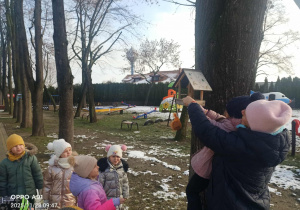 Dzieci wsypują ziarenka do karmników