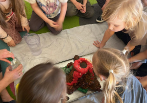 dzieci wykonują doświadczenie wybuch wulkanu