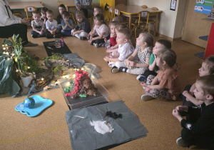 Dzieci słuchają opowieści i oglądają eksperymenty.