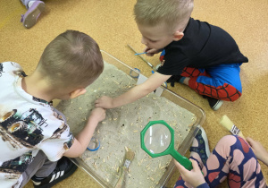 Dzieci przy stanowiskach paleontologicznych.