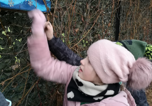 Nadia wsypuje ziarna słonecznika do karmnika.